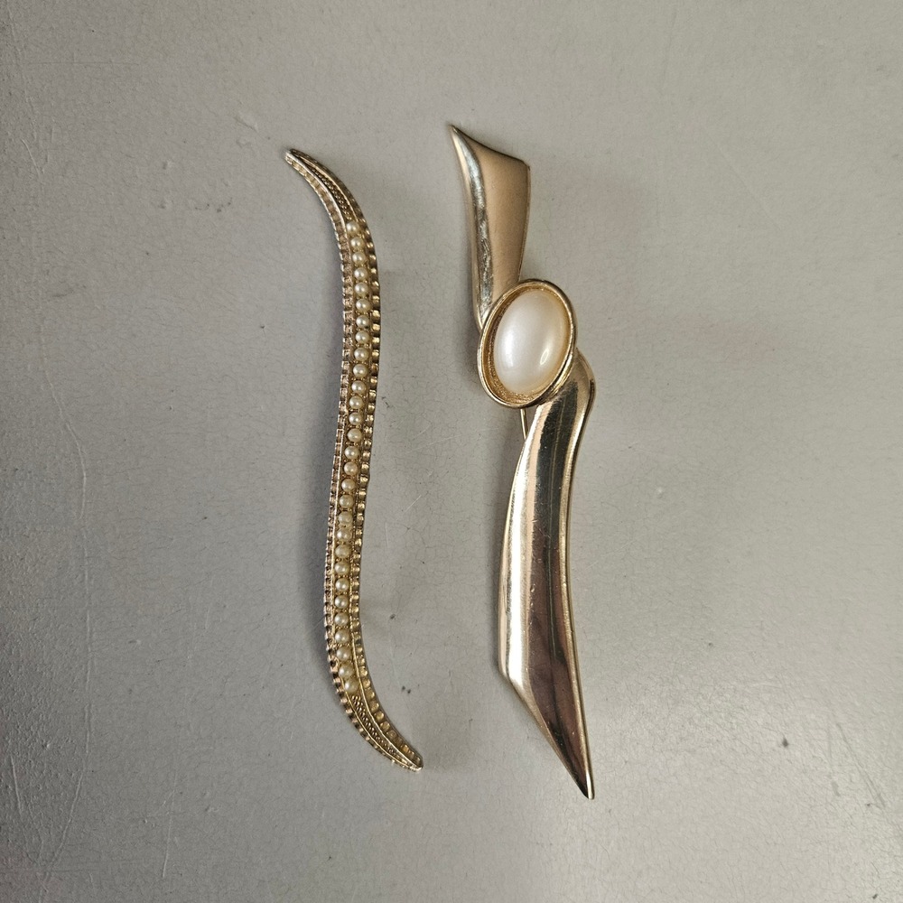 Vintage Gold Tone Faux Pearl‎ Brooch Set 2pc Curved Bar Abstract Ribbon Pins